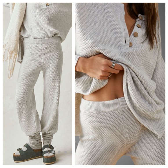 FREE PEOPLE Hailee Waffle Knit Wide Leg Relaxed Pull On Pants in Light Grey sz S - Picture 3 of 13